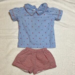 The Oaks Apparel Blue Anchor Print Top and Red Striped Shorts Set 12months